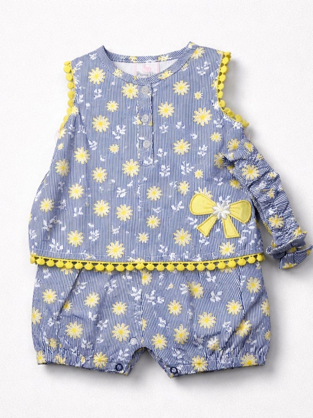 Princess Rose blue and white stripe with yellow accent bubble romper & headband